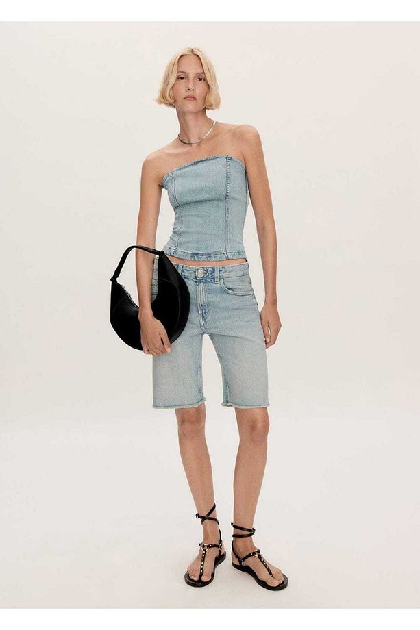 Düz denim Bermuda şort - 2
