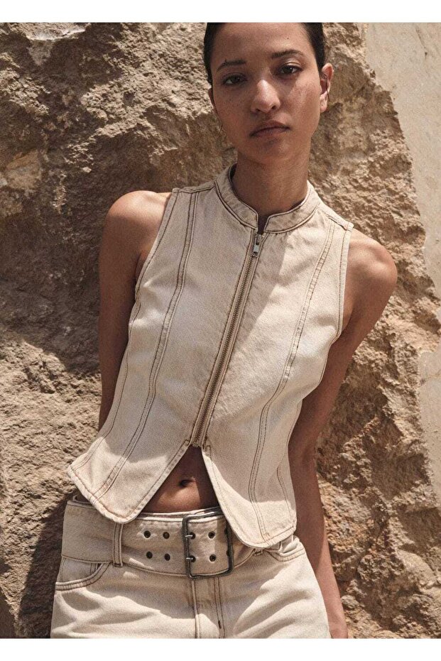 Fermuarlı denim bluz - 6