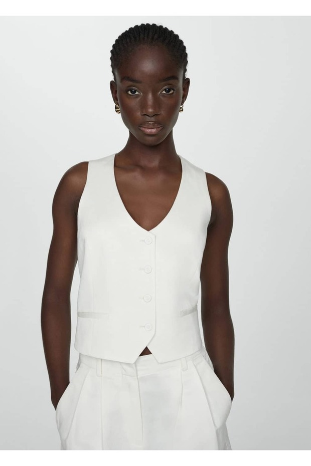 Düğmeli Keten Yelek - 1