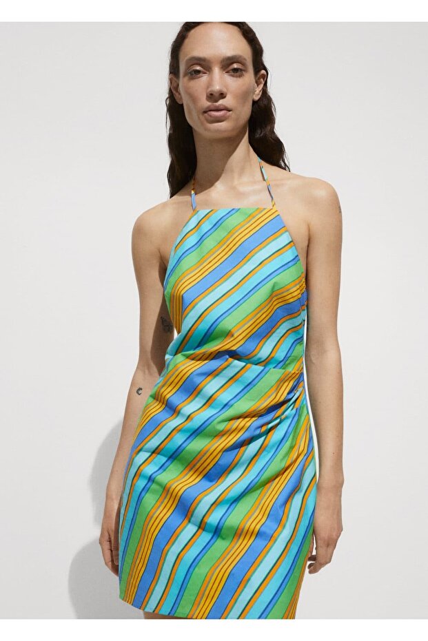 Çizgi desenli halter yaka elbise - 1