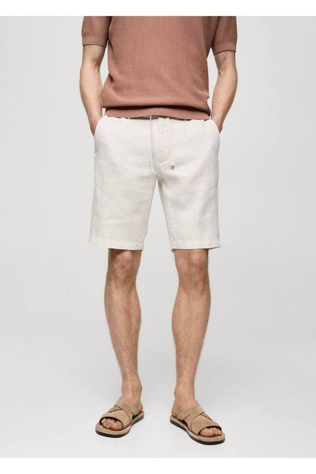 %100 keten beli büzgü ipli bermuda şort - 1