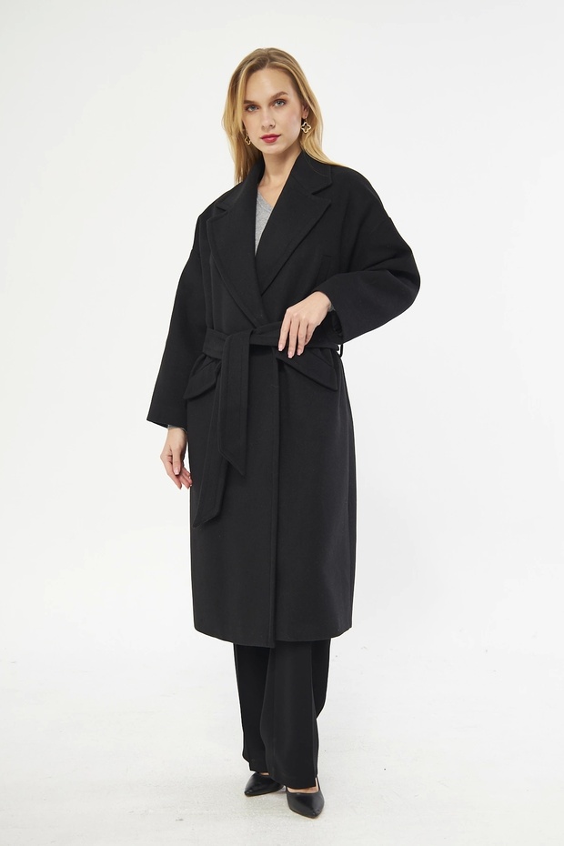 Erkek Yaka Oversize Siyah Kadın Kaban - 1
