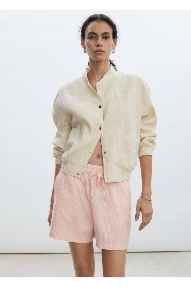 Çizgili keten şort - 7