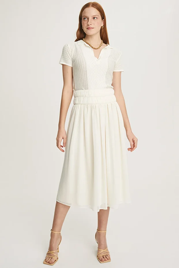 Lily Regular Fit Midi Boy Yüksek Bel Ekru Renk Etek - 1
