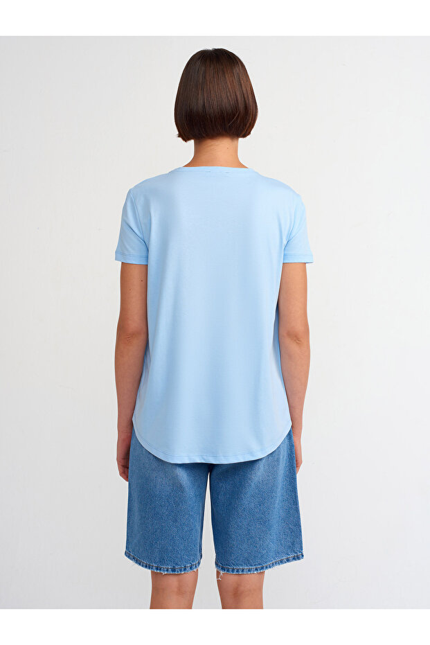3471 Bisiklet Yaka Basic T-Shirt-Açık Mavi - 3