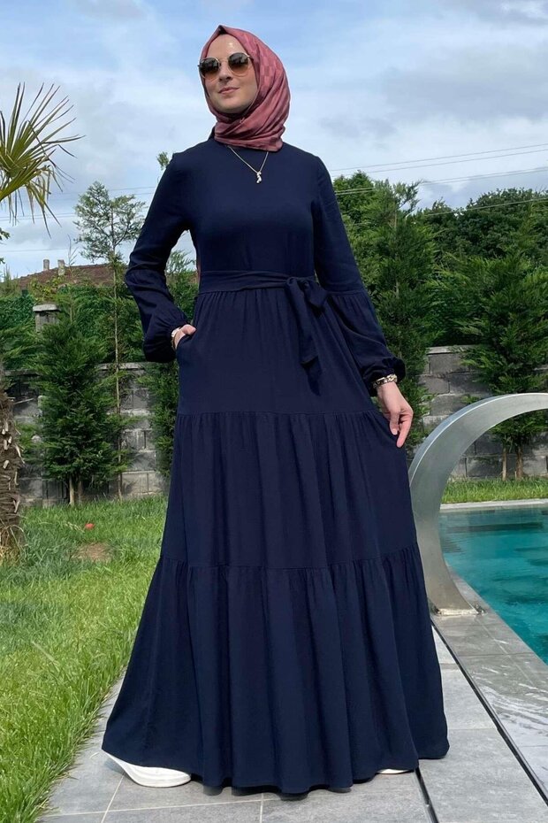 Asil Lacivert Elbise - 6