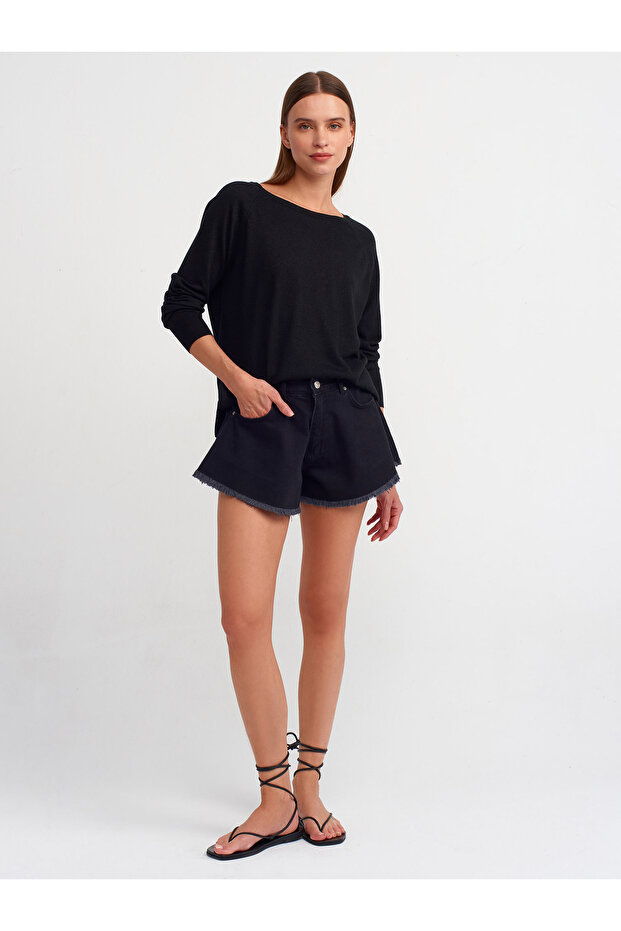 10557 Bisiklet Yaka Simli Basic Ince Triko Kazak-siyah - 3