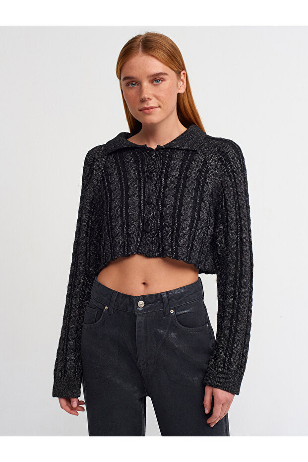 60203 Polo Collar Buttoned Glittery Crop Knitwear Cardigan-Black-G
