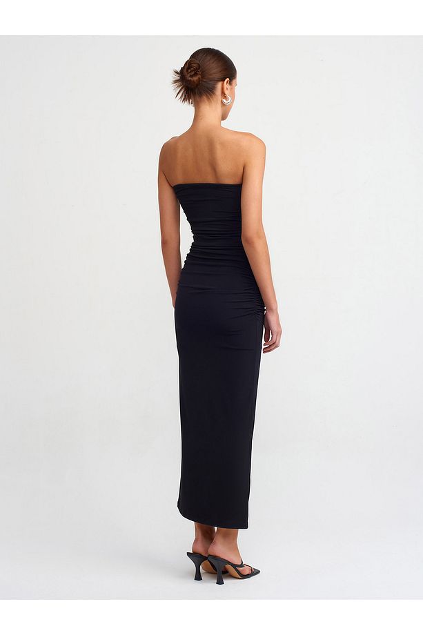 90865 Straplez Drapeli Midi Elbise-Siyah - 2