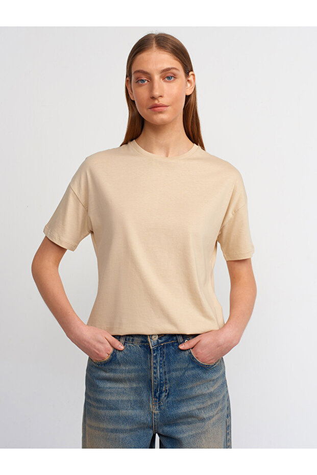 3683 Bisiklet Yaka Basic T-shirt-a.bej - 1