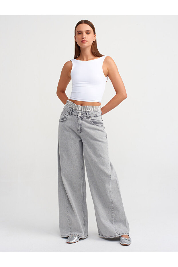 71498 Striped Boxer Detailed Wide Denim Trousers-Grey