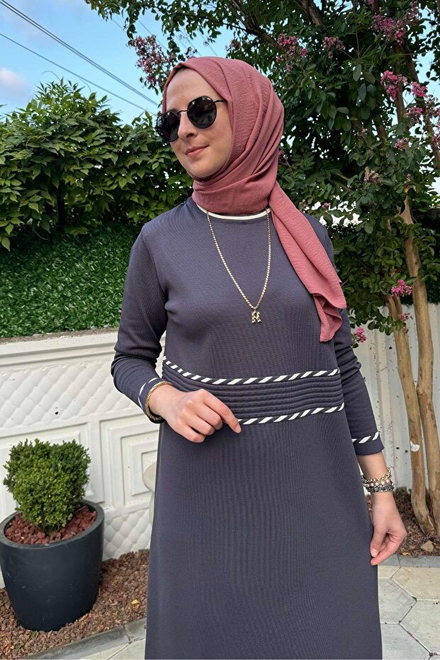 Samanyolu Antrasit Triko Elbise - 8