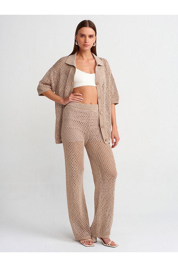 70159 Ajurlu Astarlı Triko Pantolon-Bej - 1
