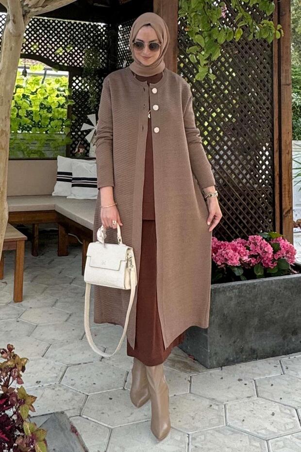 Sinem Çelik Örme Triko Hırka Sütlü Kahve - 1