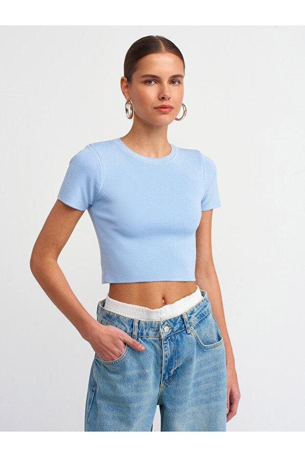 10357 Crew Neck Short Sleeve Crop Sweater-Blue