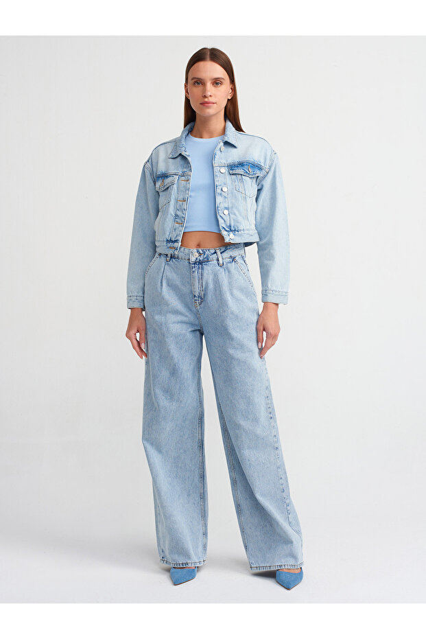 71486 Pleated Snow Wash Denim Trousers-Blue