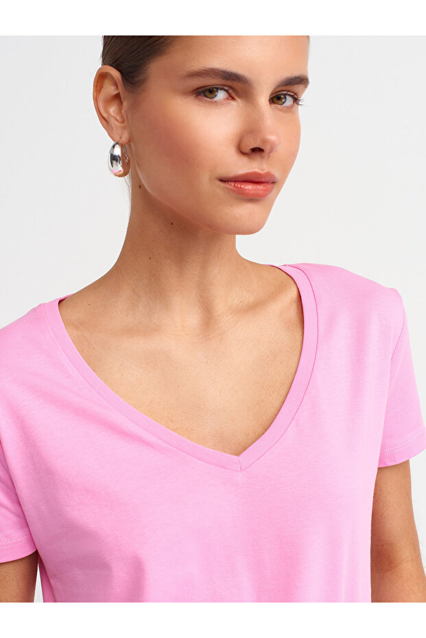 3470 V Yaka Basic T-Shirt-Pembe - 4