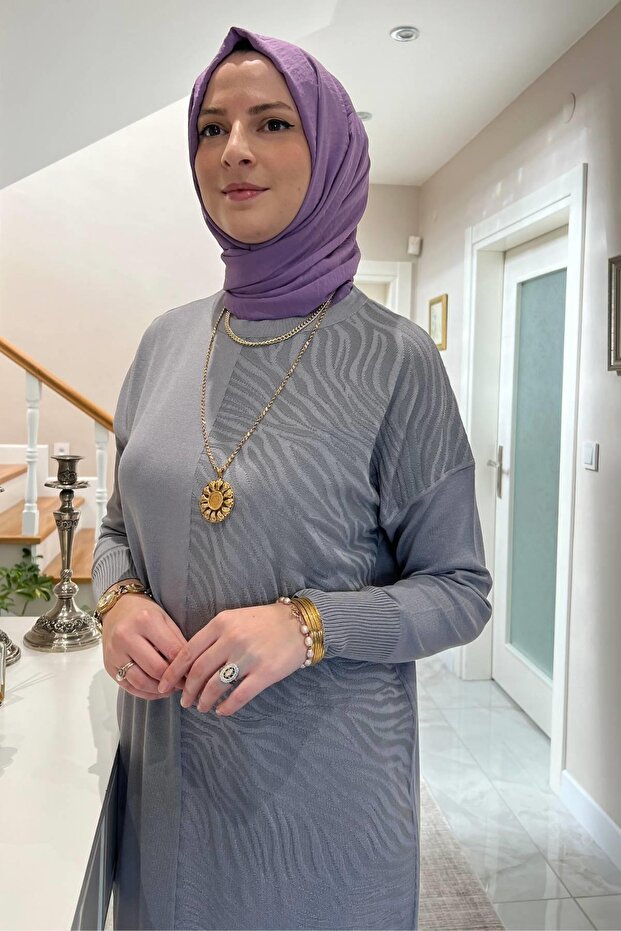 Zebra Desen Triko Elbise Gri - 9