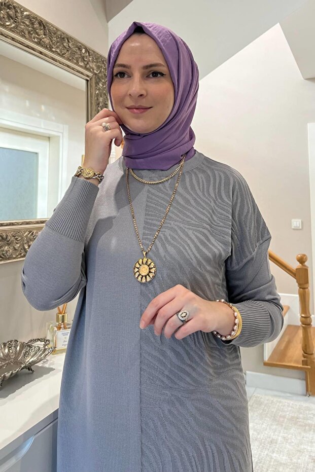 Zebra Desen Triko Elbise Gri - 6