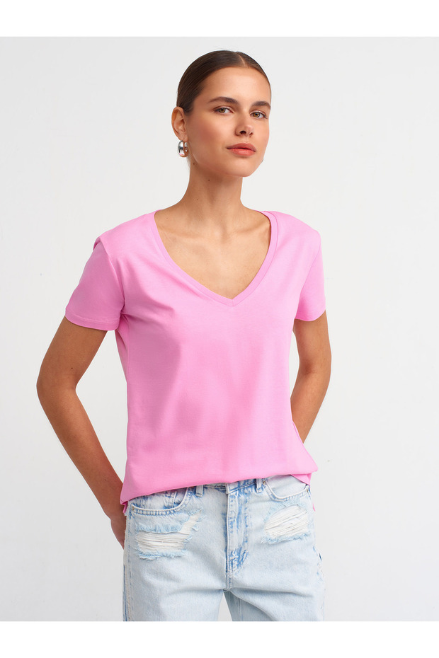 3470 V Yaka Basic T-Shirt-Pembe - 3