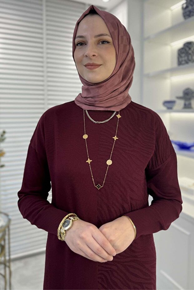 Zebra Desen Triko Elbise Bordo - 4