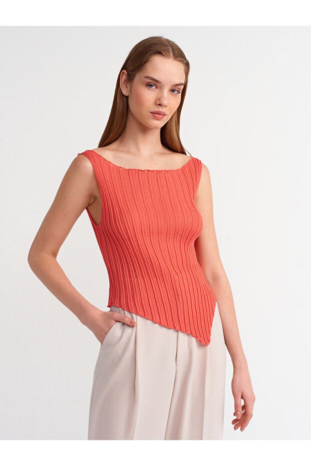 10560 Boat Neck Ribbed Transparent Knitwear Blouse-Red