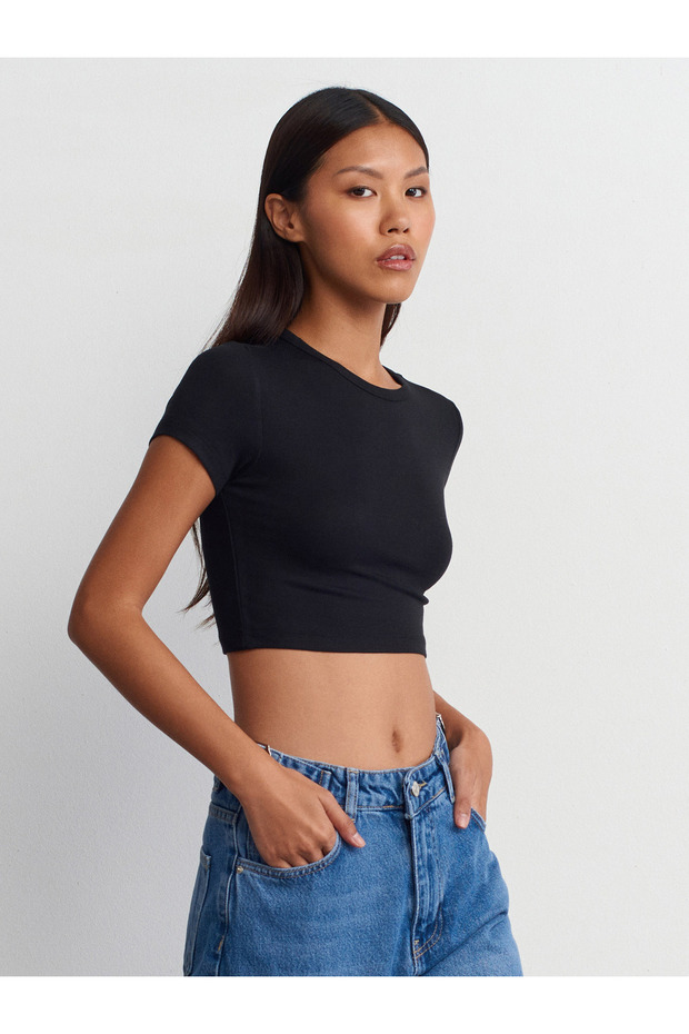 31104 Modal Crop Top-Siyah - 1