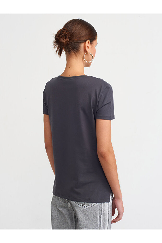 3470 V Yaka Basic T-Shirt-Antrasit - 3
