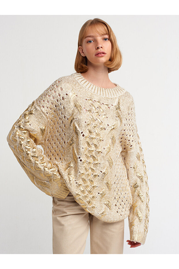 10465 Foil Print Hair Knitted Sweater-Ecru-Gold