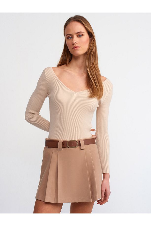 80830 Kemerli Duble Mini Şort Etek-Camel - 4