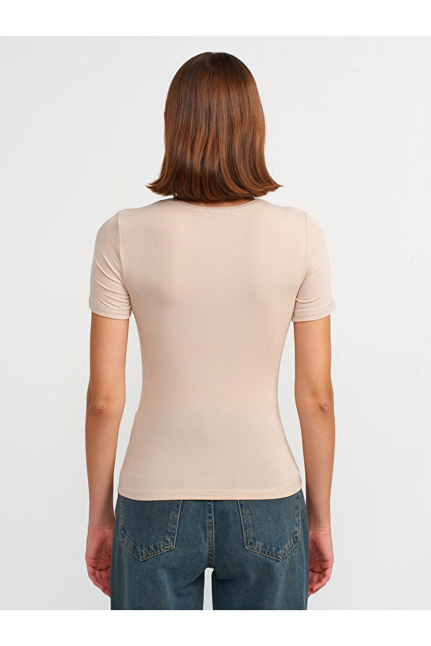 30747 Bisiklet Yaka Basic T-shirt-Bej - 2