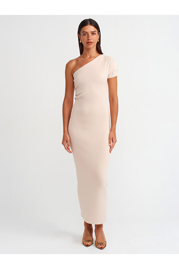 90221 Asymmetrical Draped Knit Dress- Light Beige