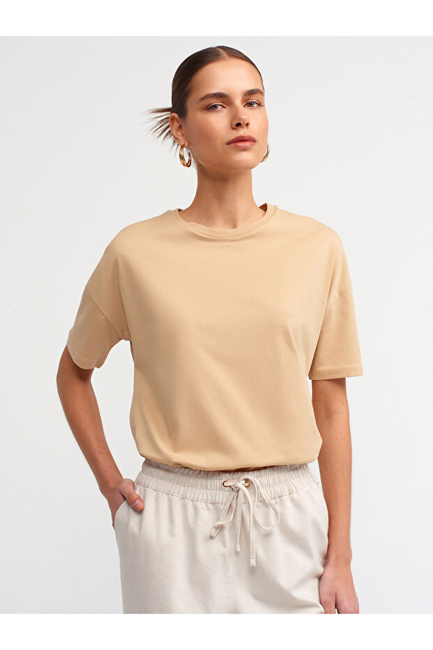 3683 Bisiklet Yaka Basic T-shirt-bej - 3