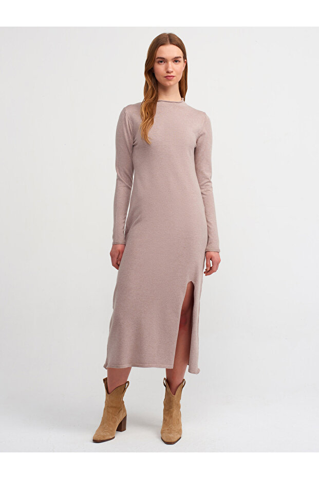 90170 Stand Collar Front Slit Knitwear Dress-Dark Beige