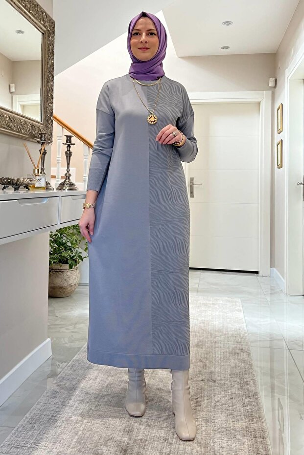 Zebra Desen Triko Elbise Gri - 5