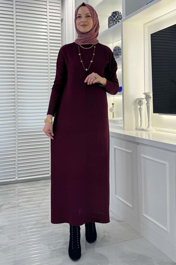 Zebra Desen Triko Elbise Bordo - 8