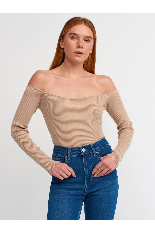 10503 Bardot Collar Ribbed Crop Sweater-dark Beige