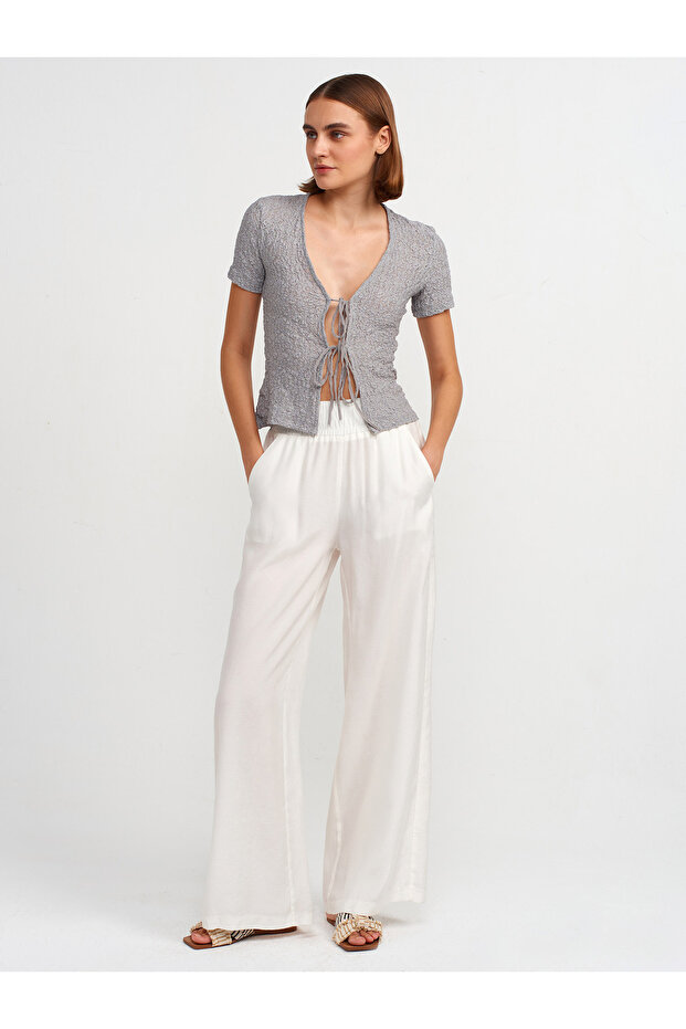31224 Model Grey Lace Front Tie Blouse