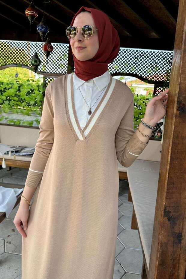 Eylül Gömlekli Triko Elbise Bej - 2