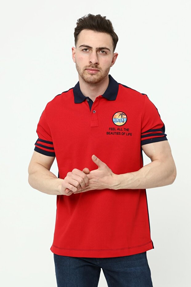Ar-Ma Men's Polo Neck T-Shirt with Text Print Regular Fit Single Roll Neck Lycra Pique Y22374300901 Red