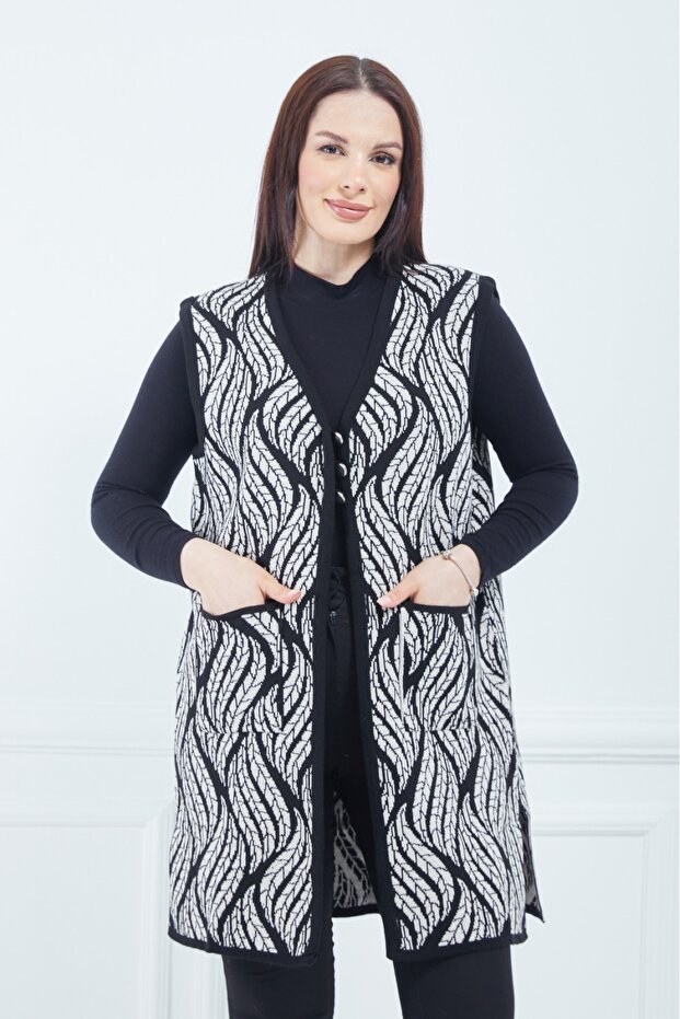 Women's Cream Leaf Patterned Long Winter Knitwear Mother Vest with Pockets