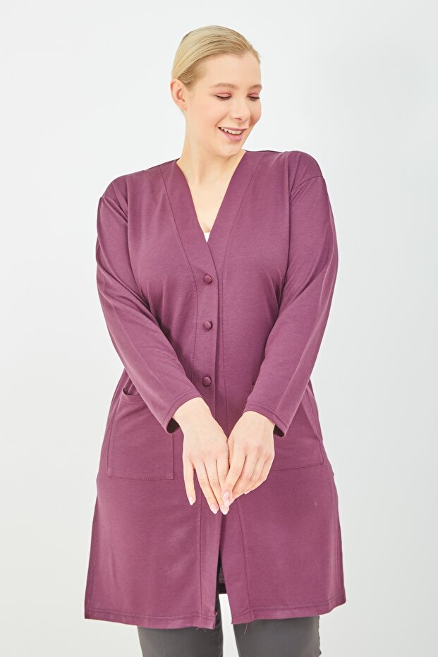 Women's Plum Buttoned Large Size Mother Long Combed Cotton Cardigan with Pockets