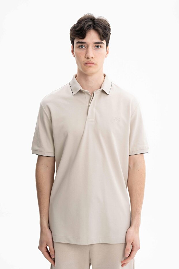 Ar-Ma Men's Polo Collar T-Shirt Unprinted Basic Regular Fit Double Collar Combed Cotton Pique Y27374352601 Beige-B1