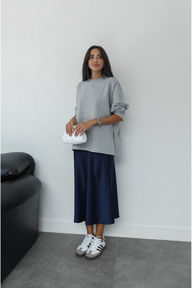 Navy Blue Crepe Satin Skirt