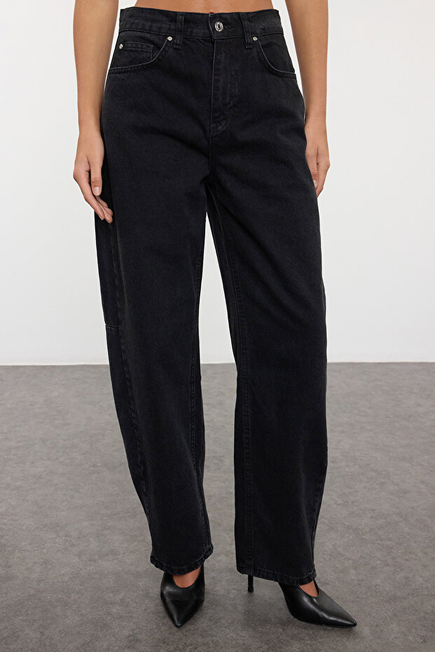 Siyah More Sustainable Dikiş Detaylı Düşük Bel Loose Baggy %100 Pamuk Jeans TWOAW25JE00328 - 3