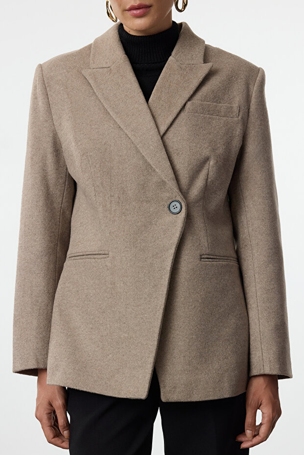 Açık Kahverengi Kaşe Kruvaze Kapama Dokuma Blazer Ceket TWOAW25BC00011 - 7