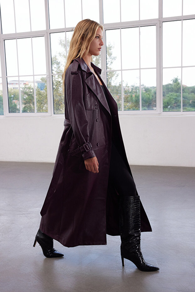 Bordo Kemerli Suni Deri Oversize Uzun Trençkot TWOAW25TR00003 - 3