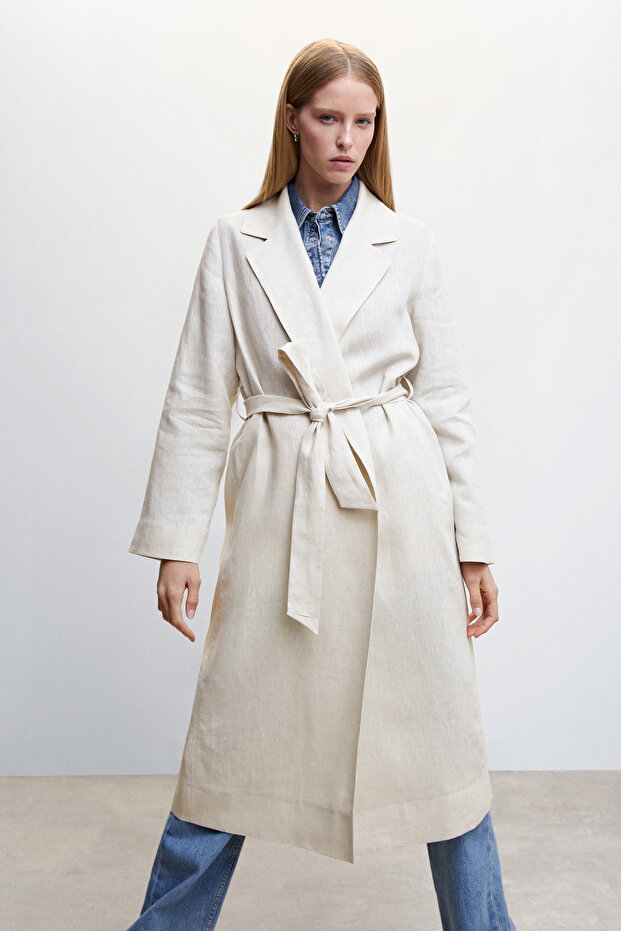 100% linen trench coat lapels - 2