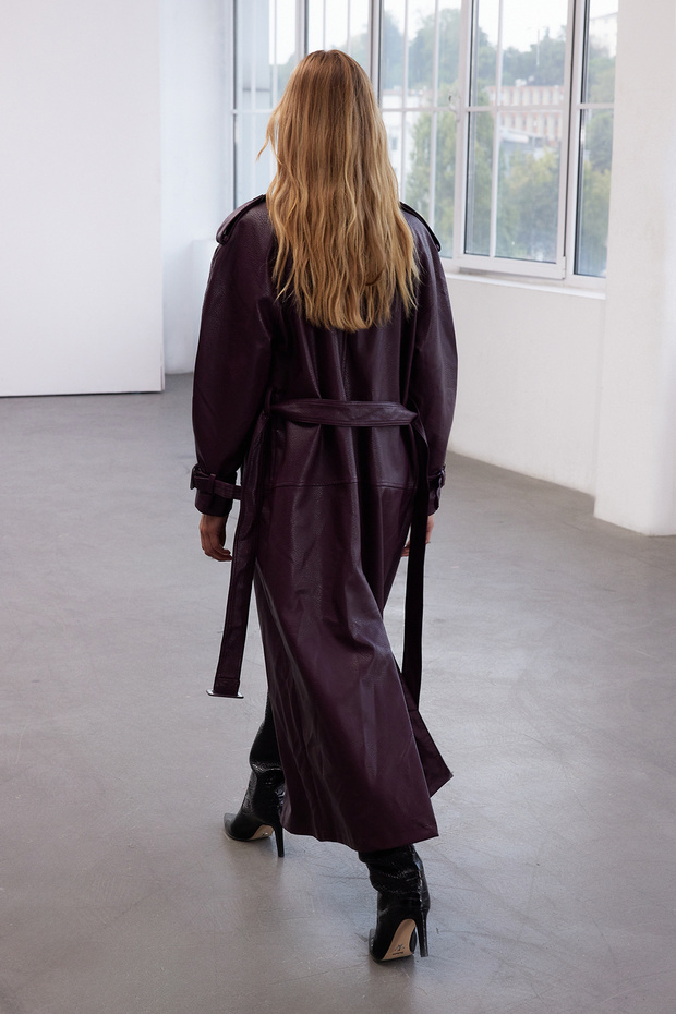 Bordo Kemerli Suni Deri Oversize Uzun Trençkot TWOAW25TR00003 - 2