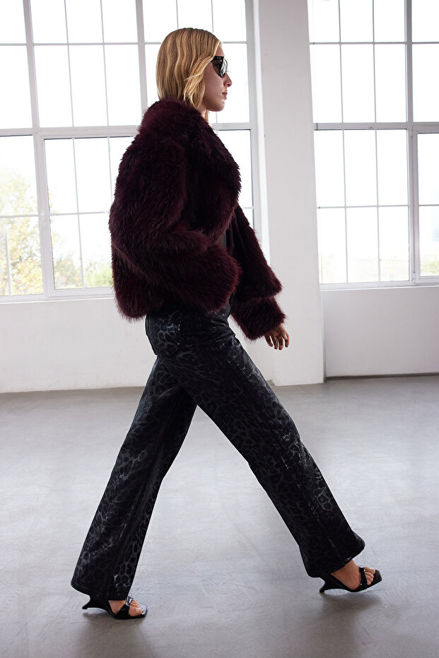 Bordo Oversize Kalıp Kürk Mont TWOAW25MO00035 - 5